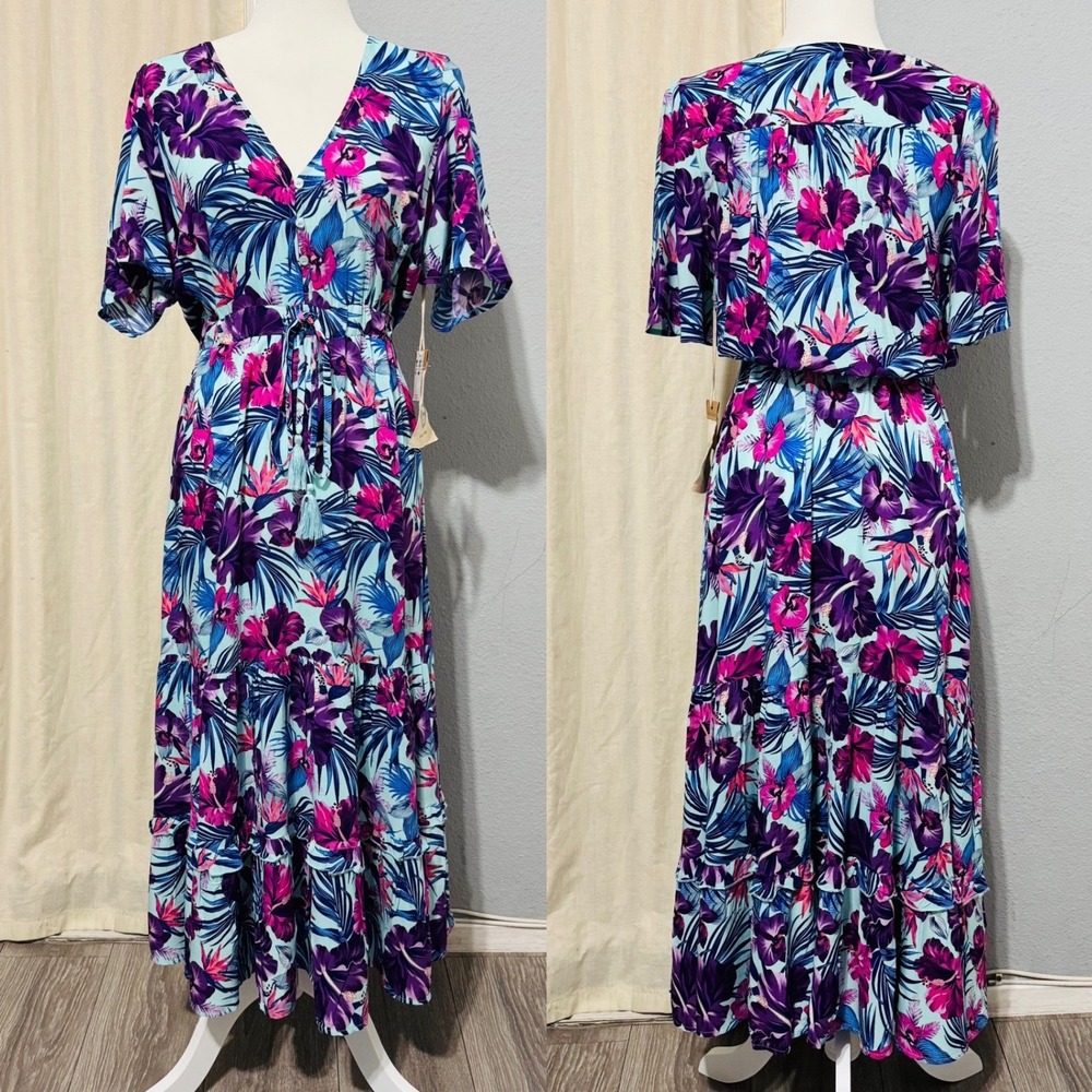 Anthropologie Sunday Mi Amor XS Tropical Hibiscus Floral Maxi Dress Purple‎ Boho